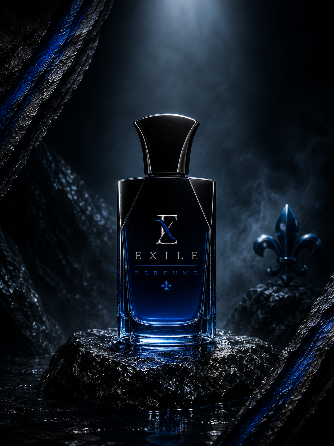 Scents of Exile fragrance bottle with dramatic lighting